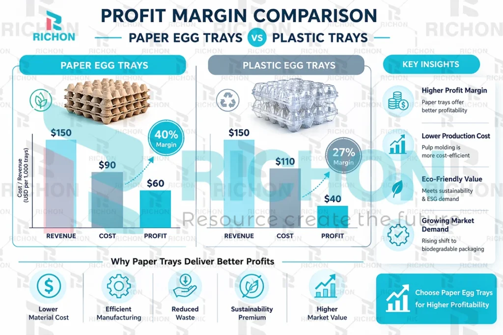 paper vs plastic egg tray profit margin comparison chart showing revenue and cost difference
