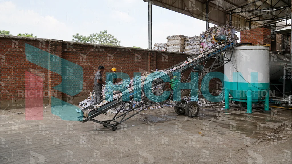 waste paper pulping and raw material planning for india egg tray factory project with workers and pulping preparation area