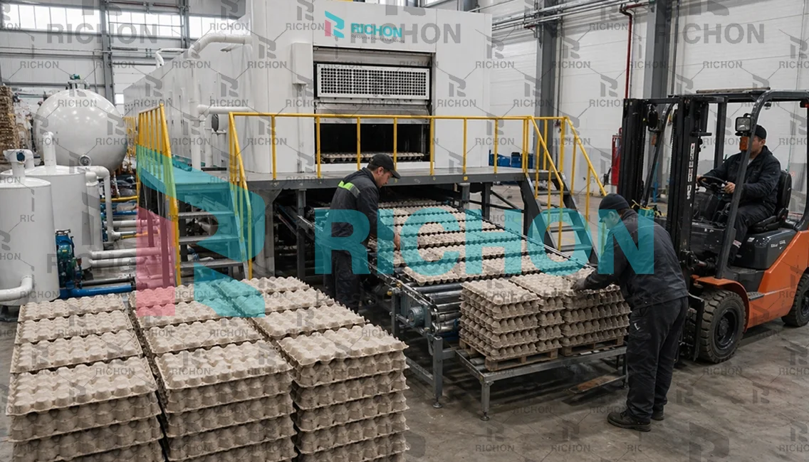 egg tray drying system planning for russia type factory project with enclosed workshop and production line connection