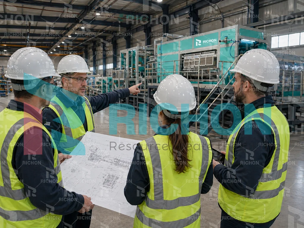 engineering team reviewing russia egg tray factory project implementation and production planning