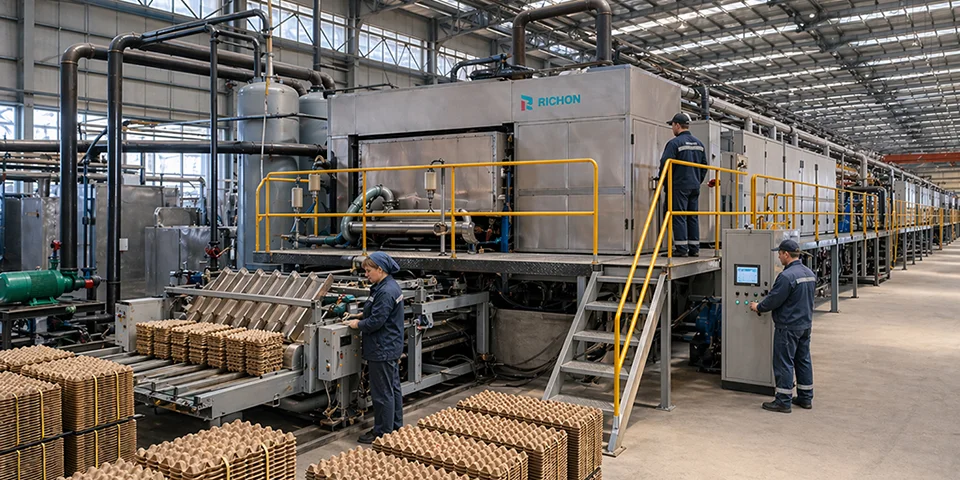 russia egg tray factory project showing complete egg tray production line inside an industrial workshop