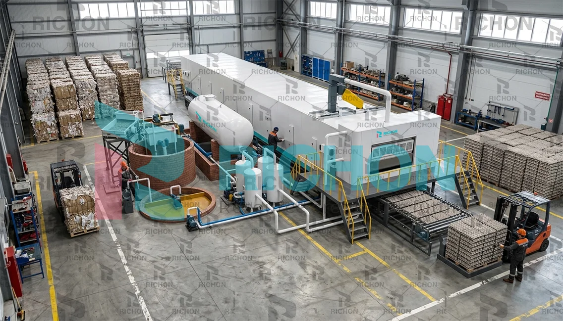 russia egg tray factory project overview showing production line workflow and factory environment