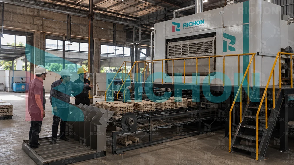 engineering team reviewing indonesia egg tray plant project implementation and production planning inside factory