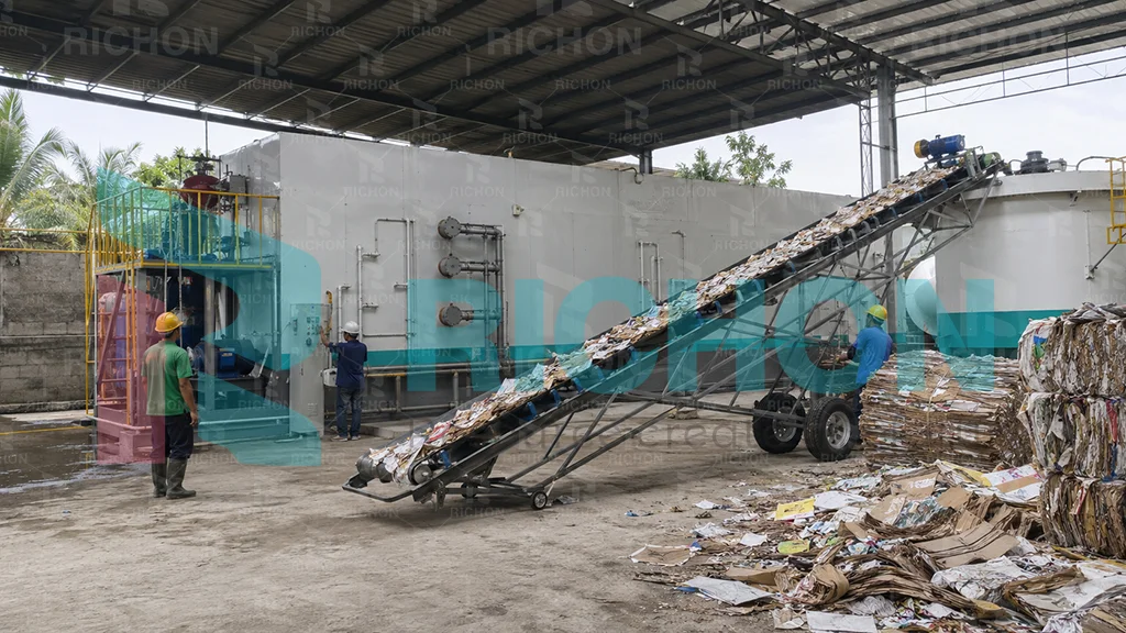 waste paper pulping and raw material planning for indonesia egg tray plant project with workers and pulping preparation area
