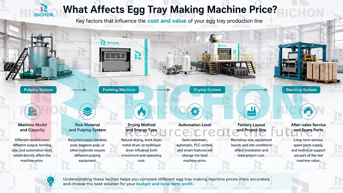 Egg tray making machine price factors including capacity, drying system, automation level, mold quantity, factory layout, energy cost, and ROI planning