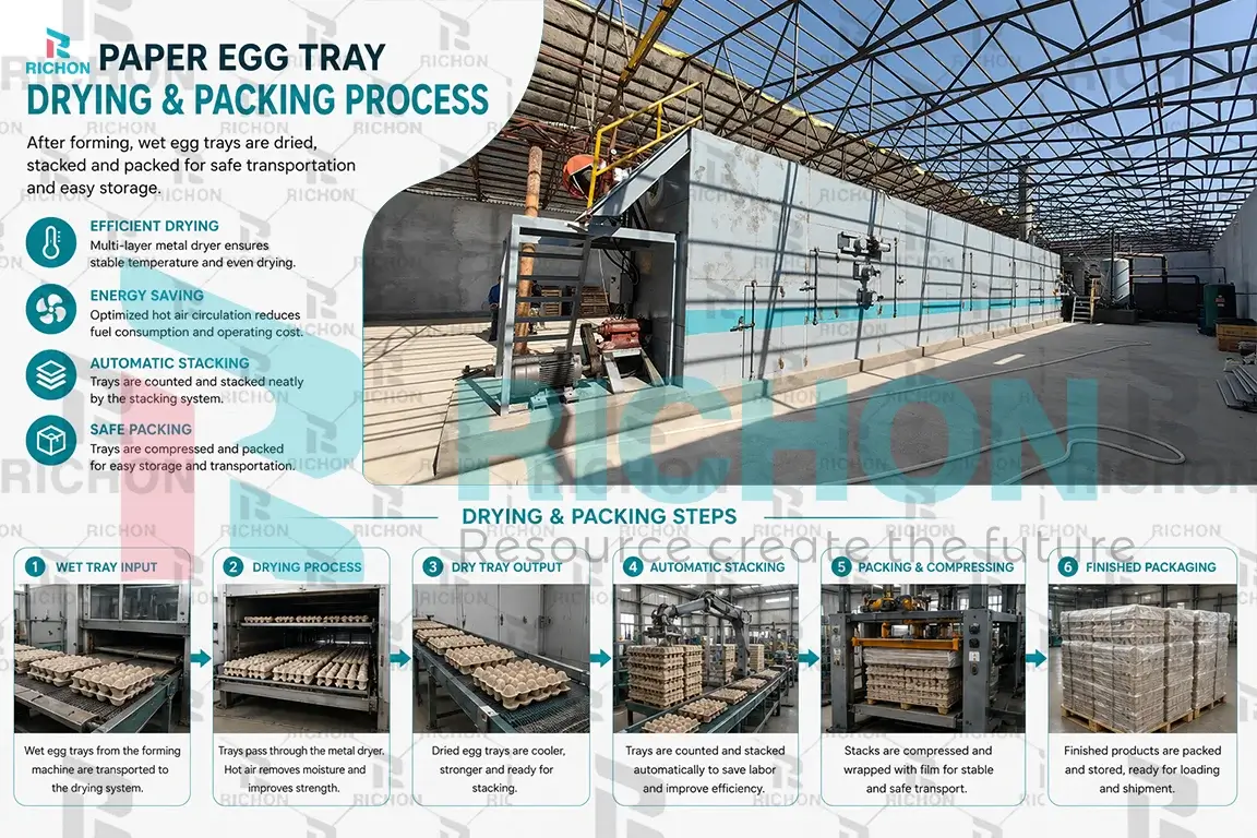 Paper egg tray drying and packing process after forming from waste paper pulp