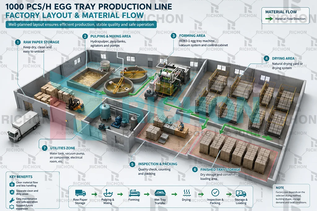 Factory layout plan for a 1000 pcs per hour egg tray production line showing pulping forming drying storage and utility zones