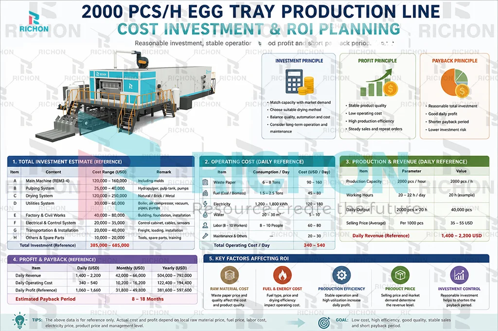 Investment cost operating cost and ROI planning for a 2000 pcs/h egg tray production line