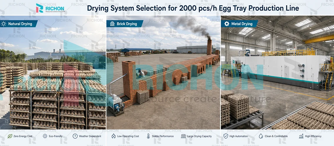Natural brick and metal drying options for a 2000 pcs/h egg tray production line