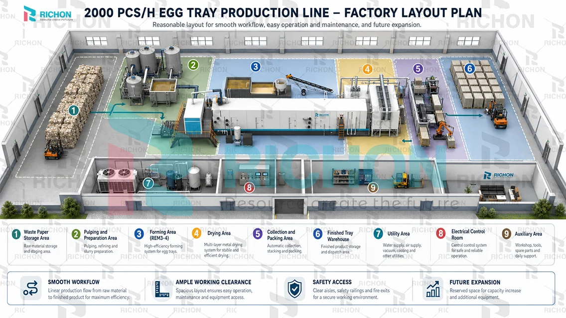Factory layout planning for a 2000 pcs/h egg tray production line with pulping forming drying and storage zones