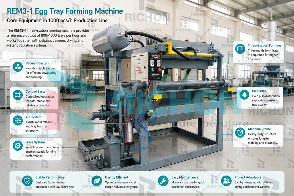 REM3-1 egg tray forming machine displayed inside a bright industrial production workshop