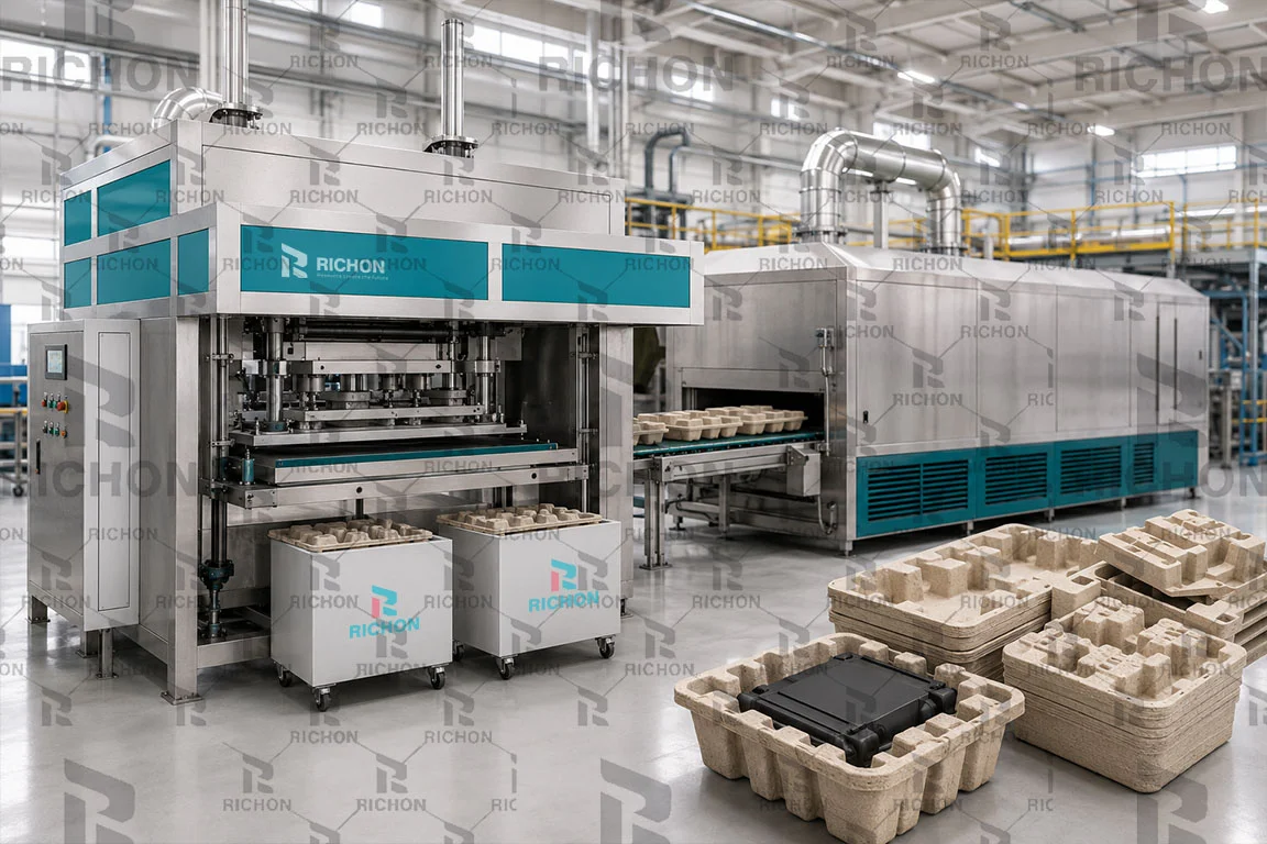 Industrial molded fiber drying process for custom pulp packaging after forming and dewatering