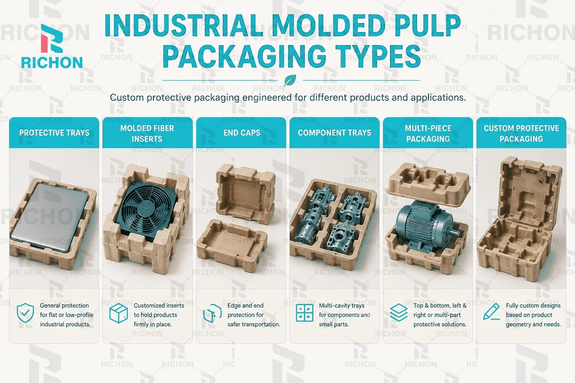 Industrial molded pulp packaging types including trays inserts end caps and protective packaging