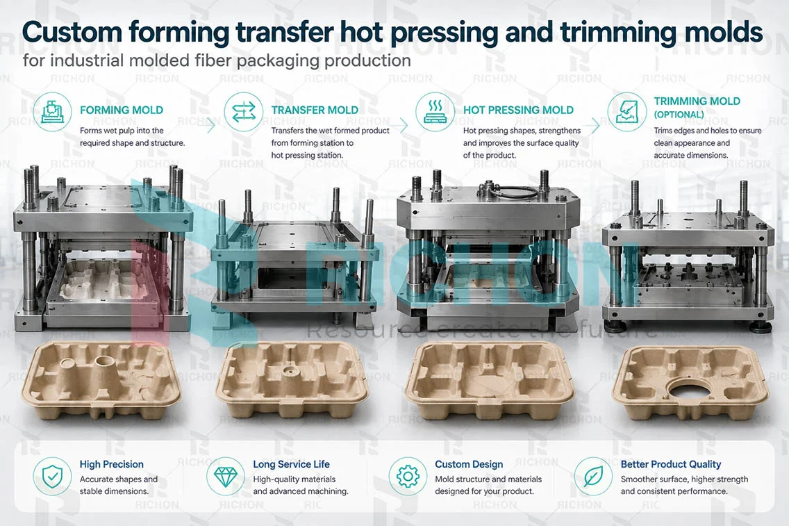 Custom forming transfer hot pressing and trimming molds for industrial molded fiber packaging production