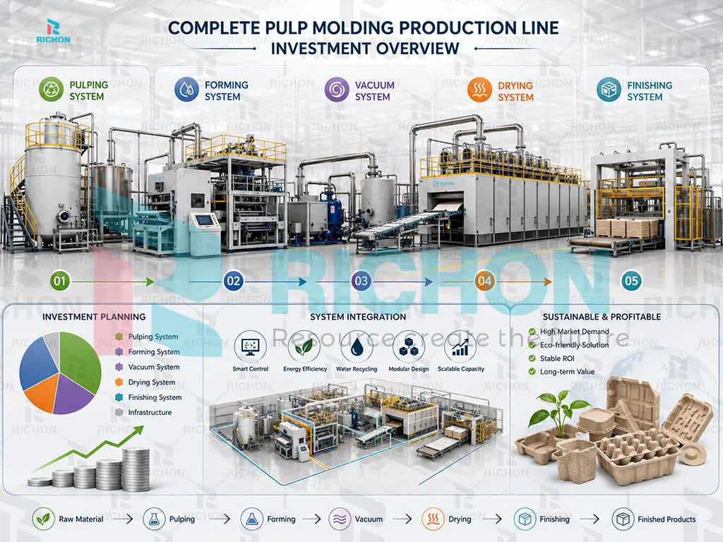 Industrial pulp molding production line investment including pulping forming vacuum drying and finishing systems