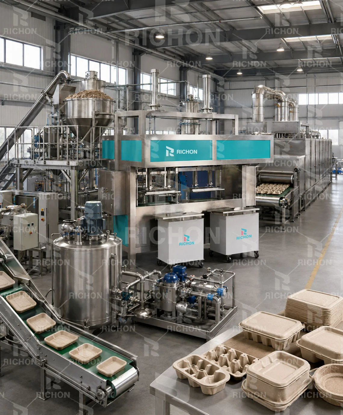 Complete industrial pulp molding production line with pulping reciprocating forming vacuum drying and optional finishing