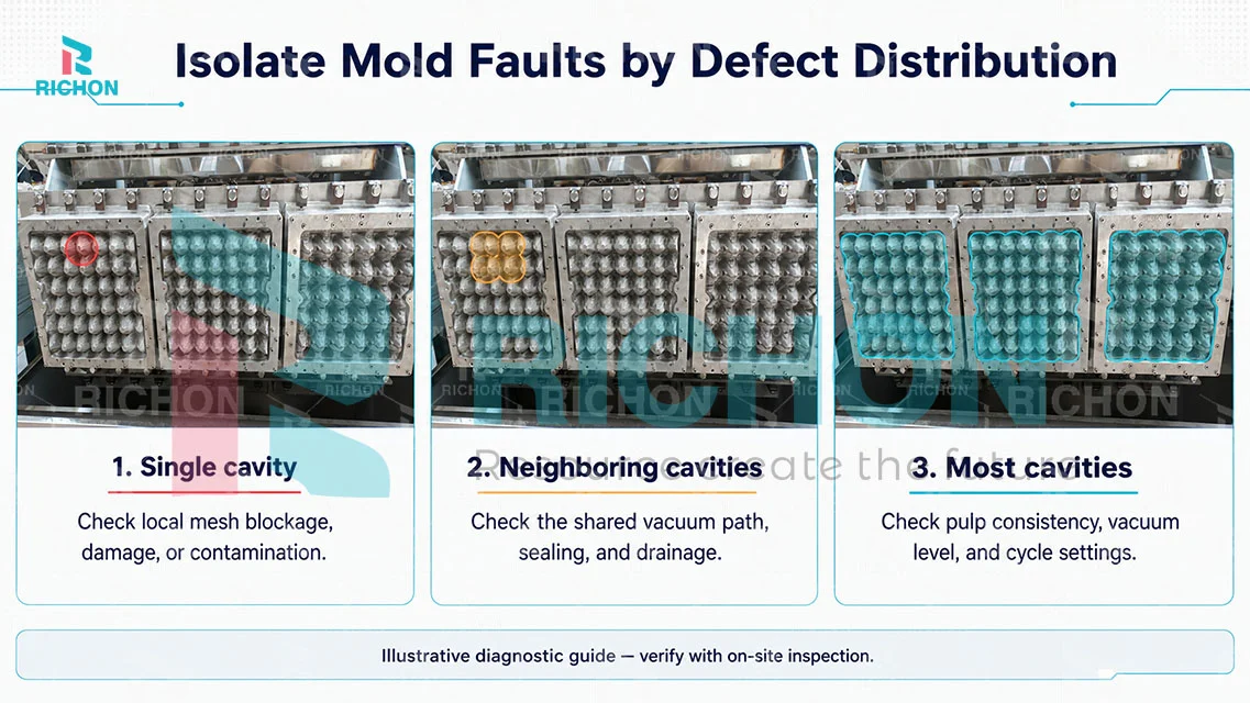 Egg tray mold failure-mode isolation diagram comparing one cavity, neighboring cavities, and system-wide defect patterns
