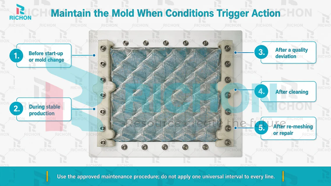 Trigger-based egg tray mold maintenance guide covering start-up, stable production, quality deviations, cleaning, and post-repair checks.