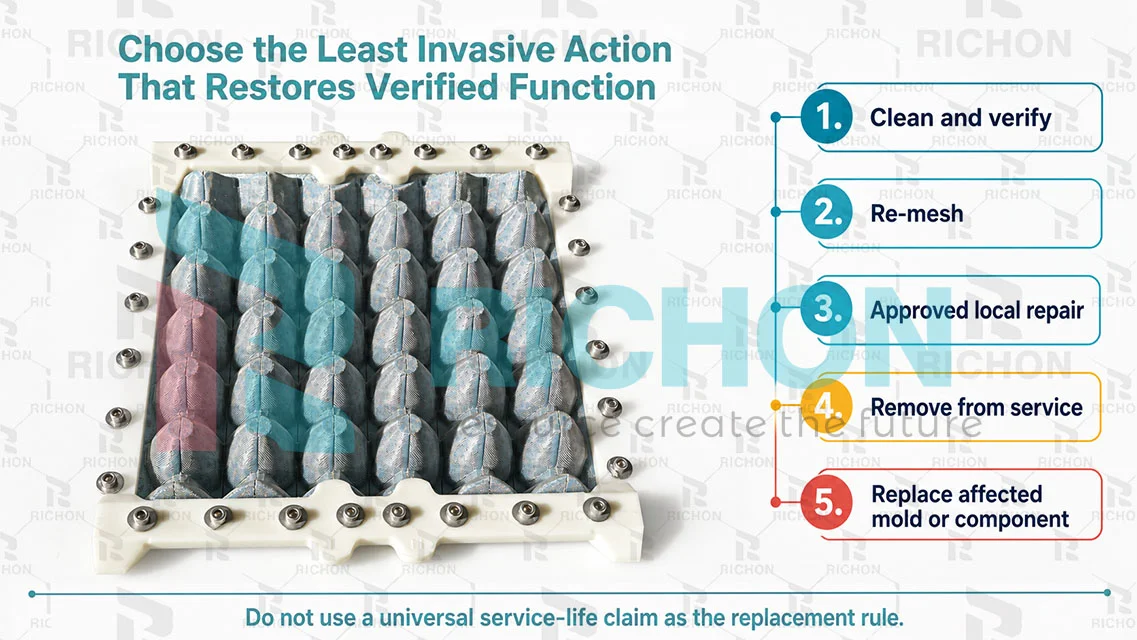 Engineering decision path for cleaning, re-meshing, repairing, removing from service, or replacing an egg tray mold.