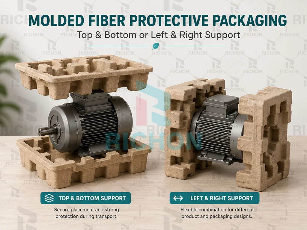Custom molded fiber protective packaging with top bottom and side supports for appliances and industrial equipment