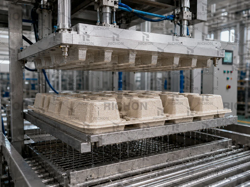 Molded pulp dewatering and wet product transfer process before industrial fiber packaging drying
