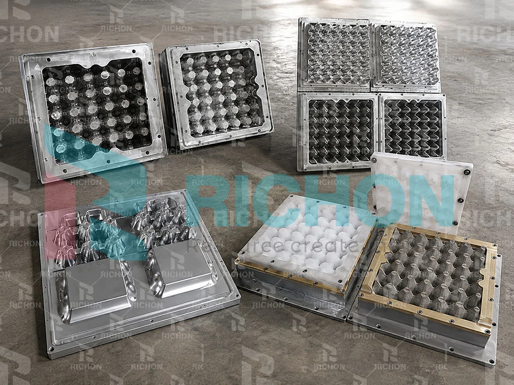 Vacuum forming molds shaping wet paper egg trays in an egg tray manufacturing machine