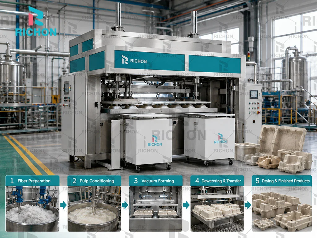 Vacuum pulp forming process showing fiber deposition water drainage and molded fiber formation