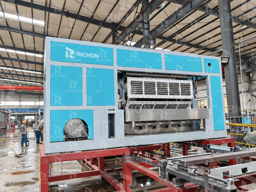Egg tray forming machine with mold assemblies and transfer section in a factory