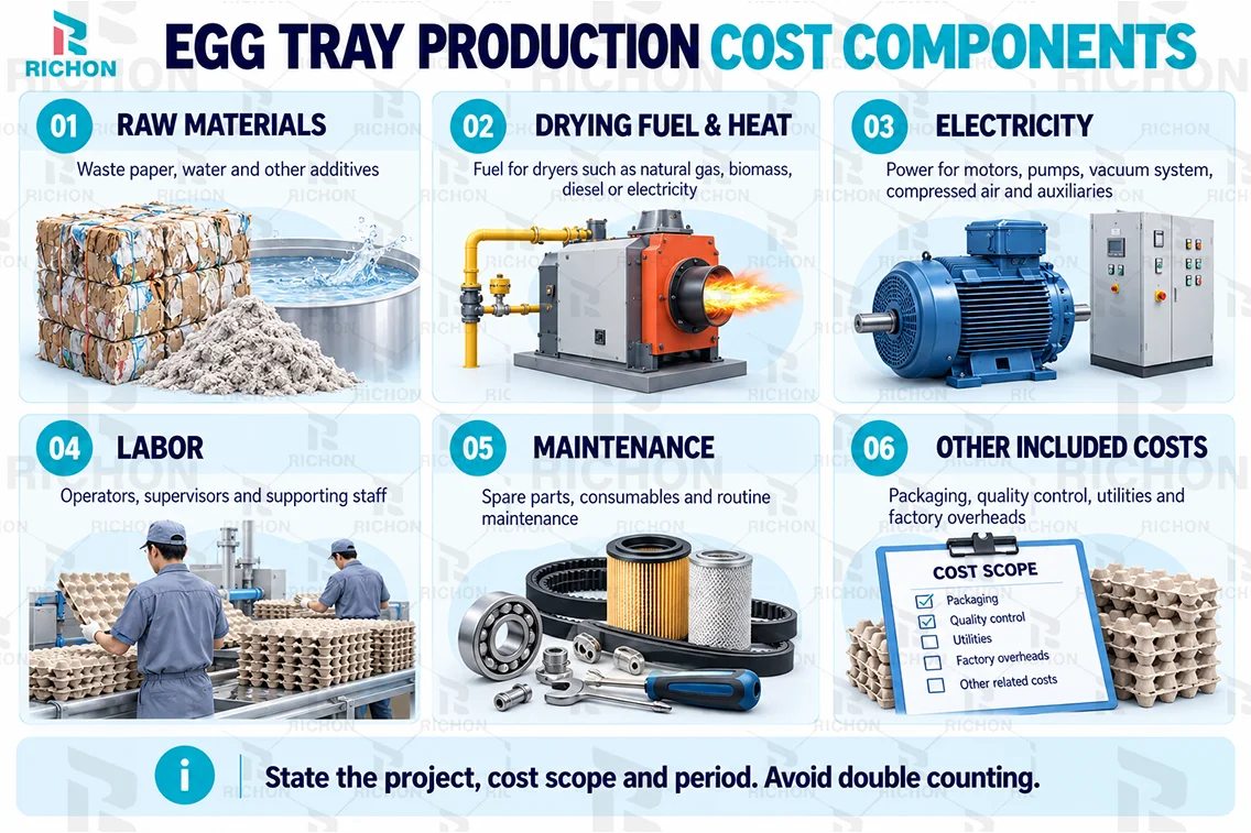 egg-tray-02-cost-components Operating cost components of egg tray production, including raw materials, drying energy, electricity, labor and maintenance
