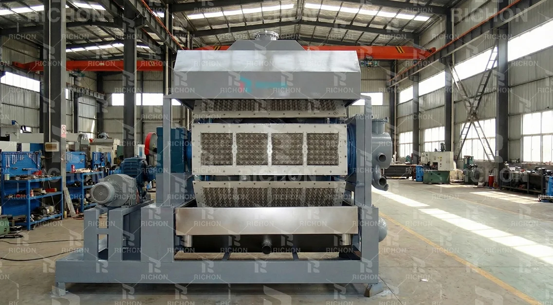 Richon-watermarked front view of egg tray forming equipment with molds and drive components