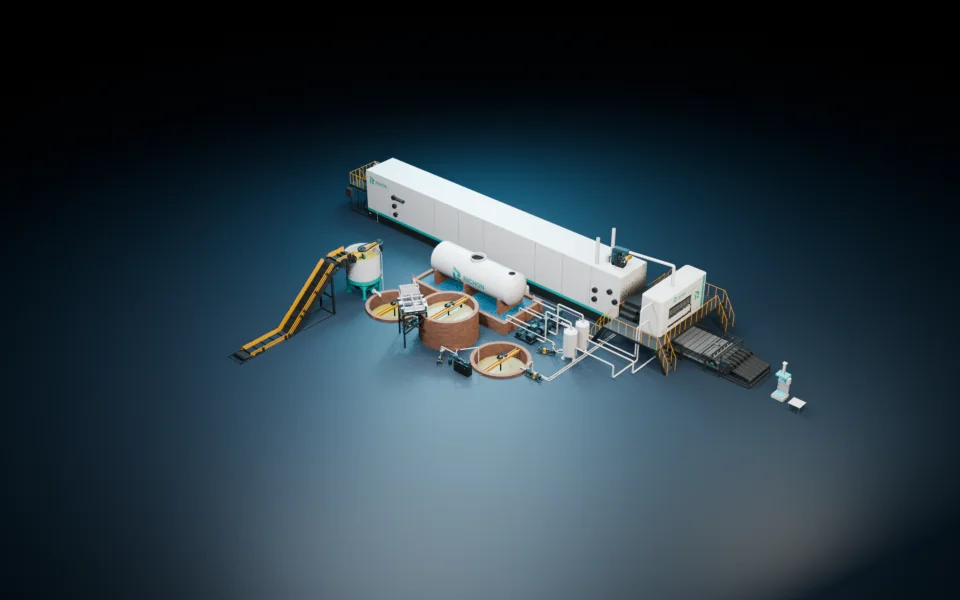 Richon egg tray production line reference model showing the pulping area, forming equipment, dryer and discharge end