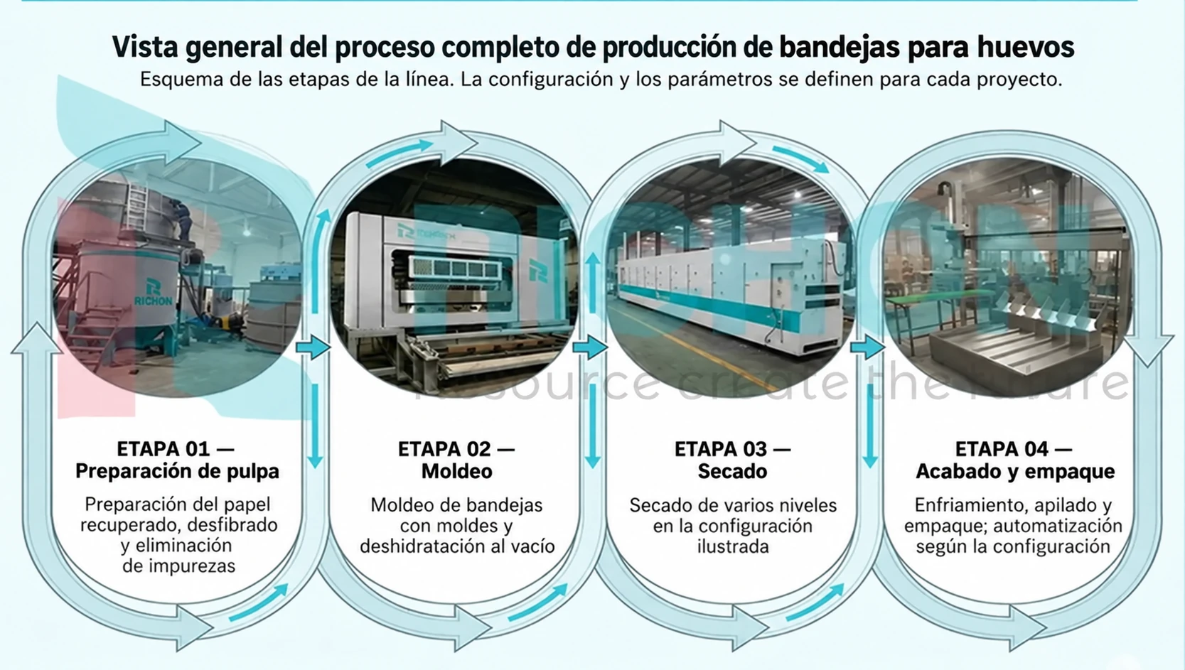Flujo del proceso de una línea de producción de bandejas para huevos que muestra preparación de pulpa, moldeo, secado, apilado y empaque