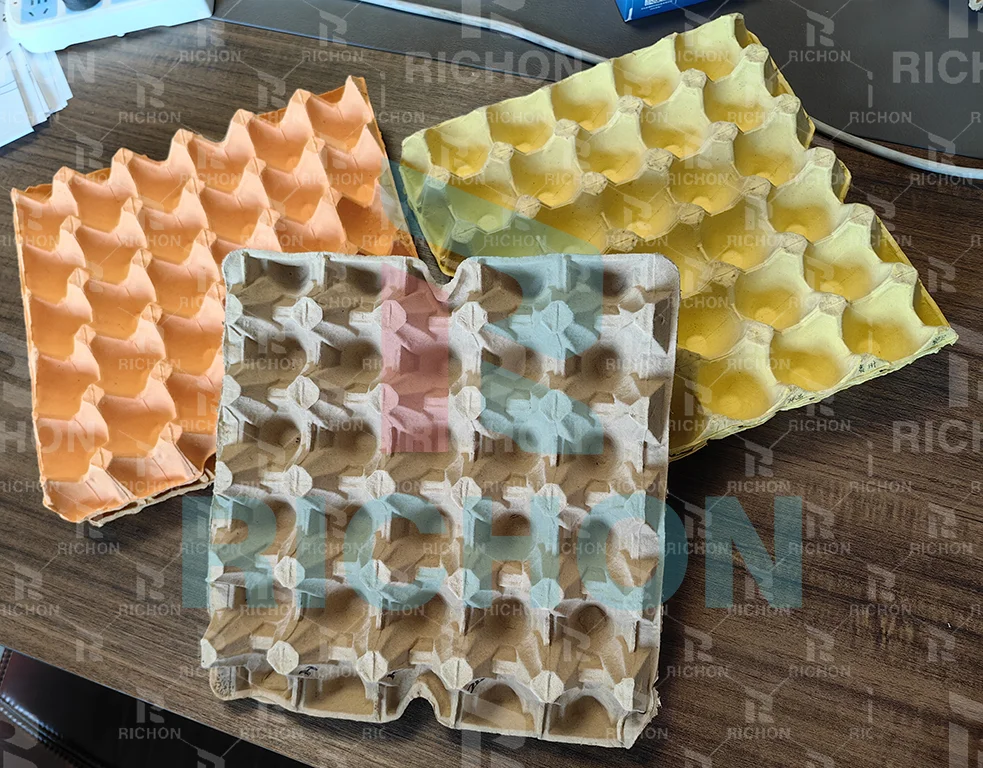 Gray, orange and yellow molded pulp egg tray samples with Richon watermark